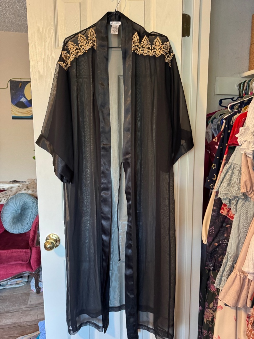 Vintage Black sheer duster robe with gold accents